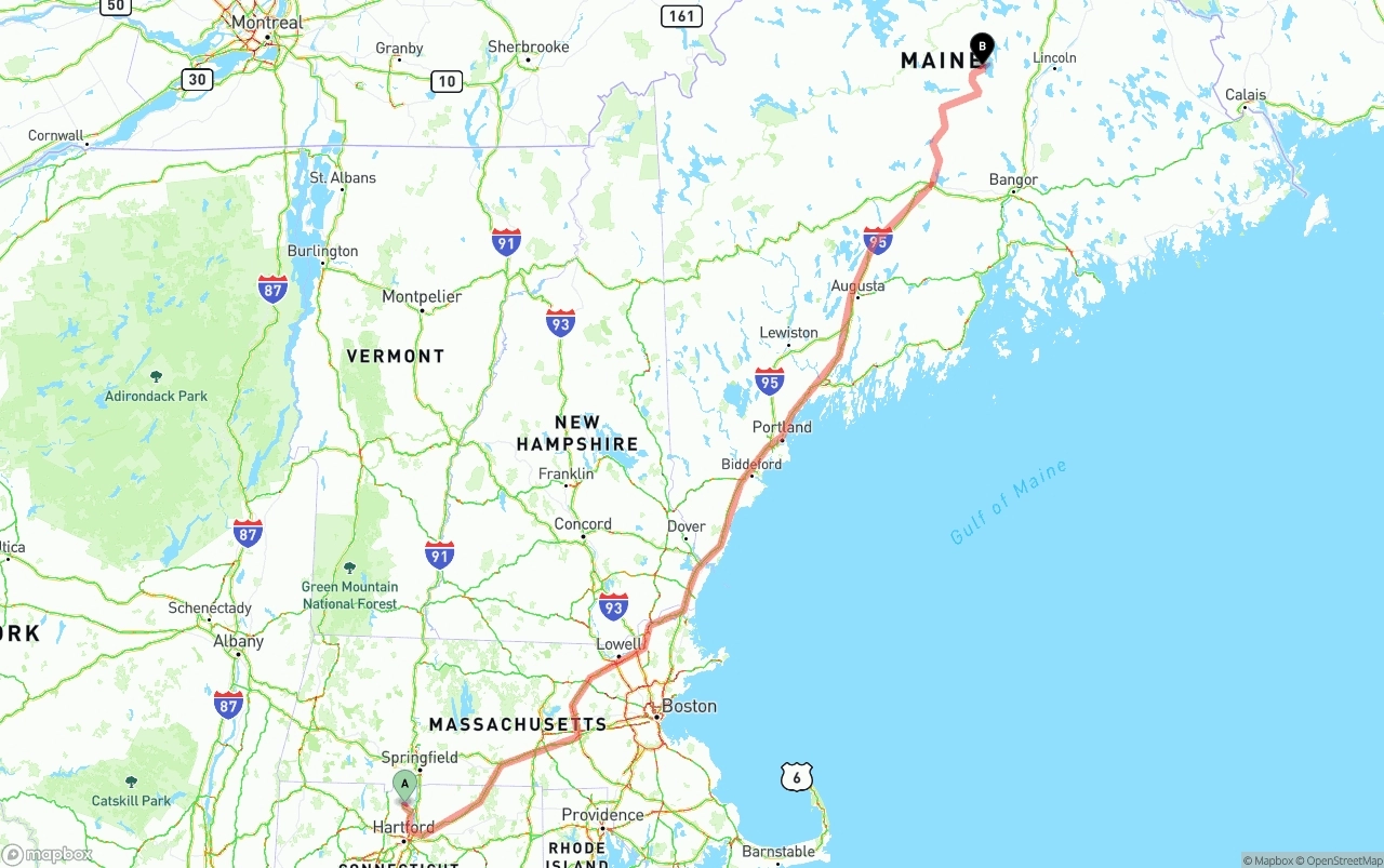 Shipping route from Bradley International Airport to Maine