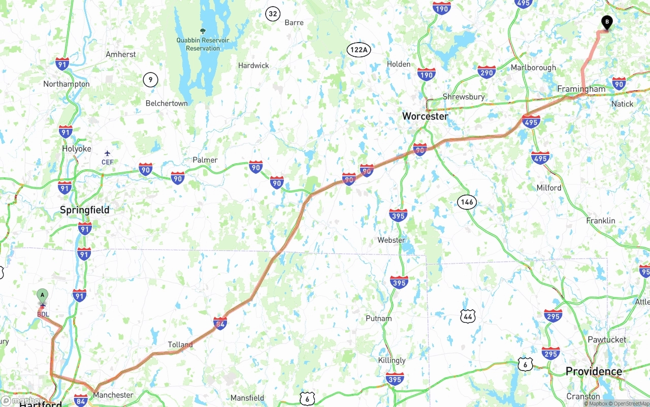 Shipping route from Bradley International Airport to Massachusetts