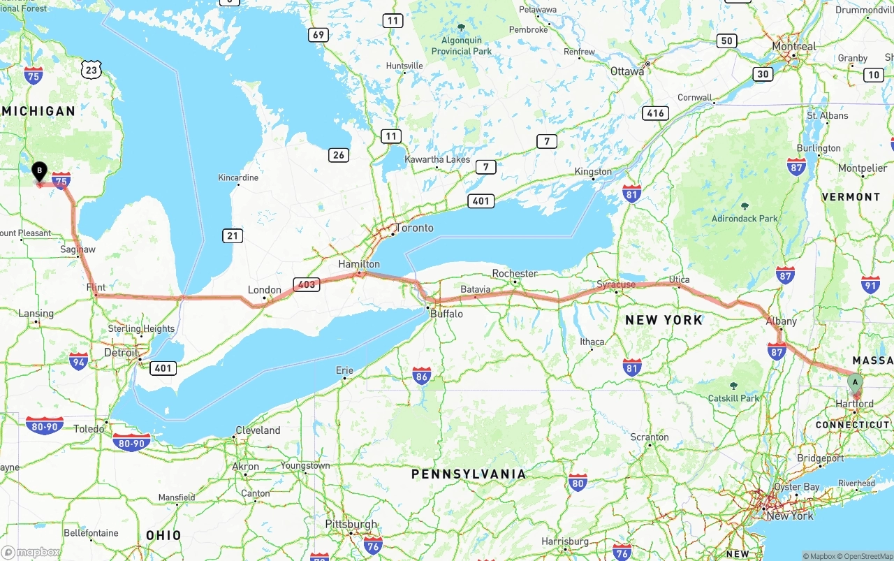 Shipping route from Bradley International Airport to Michigan