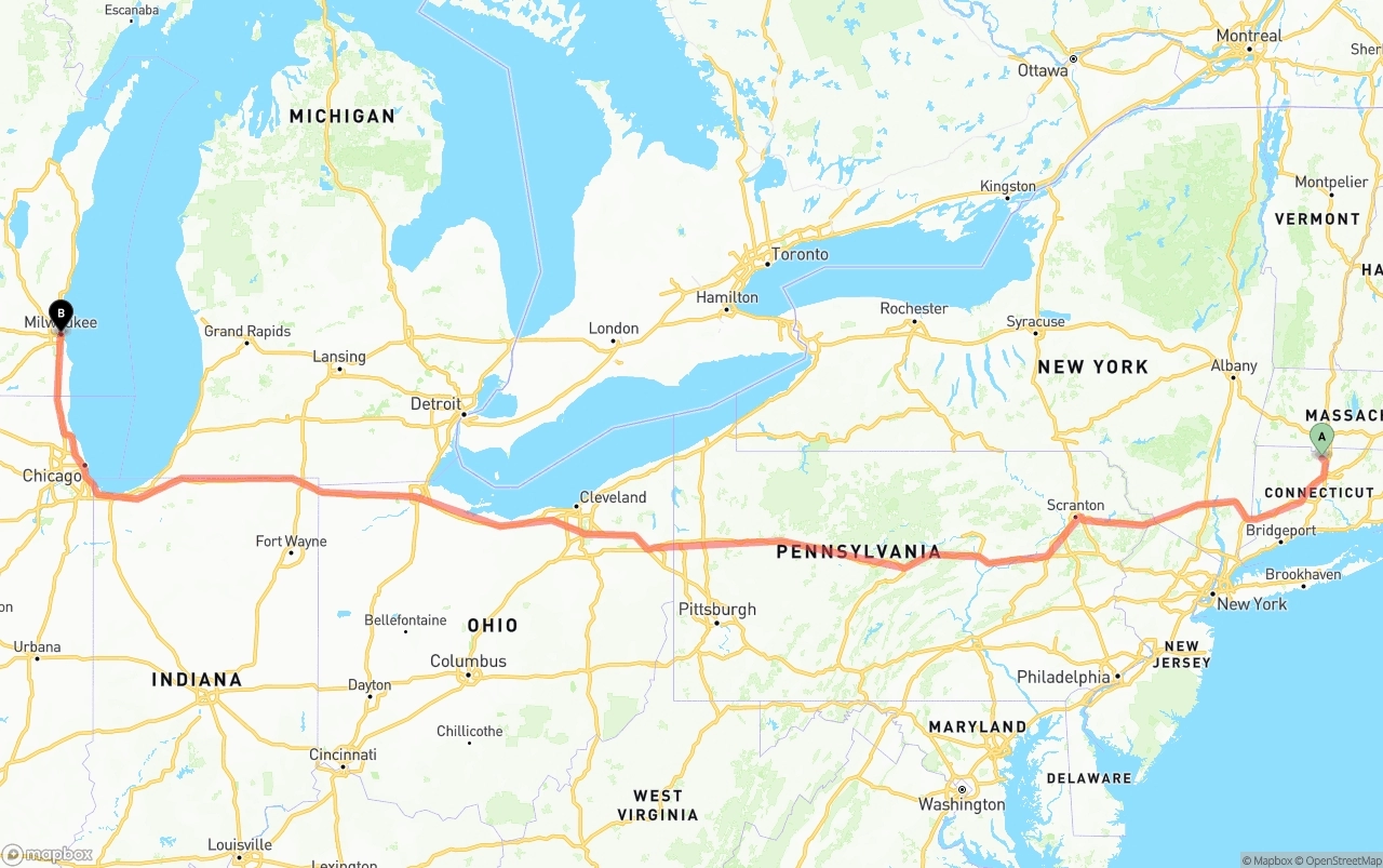Shipping route from Bradley International Airport to Milwaukee