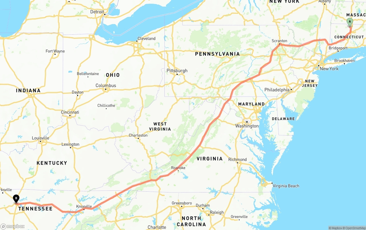 Shipping route from Bradley International Airport to Nashville