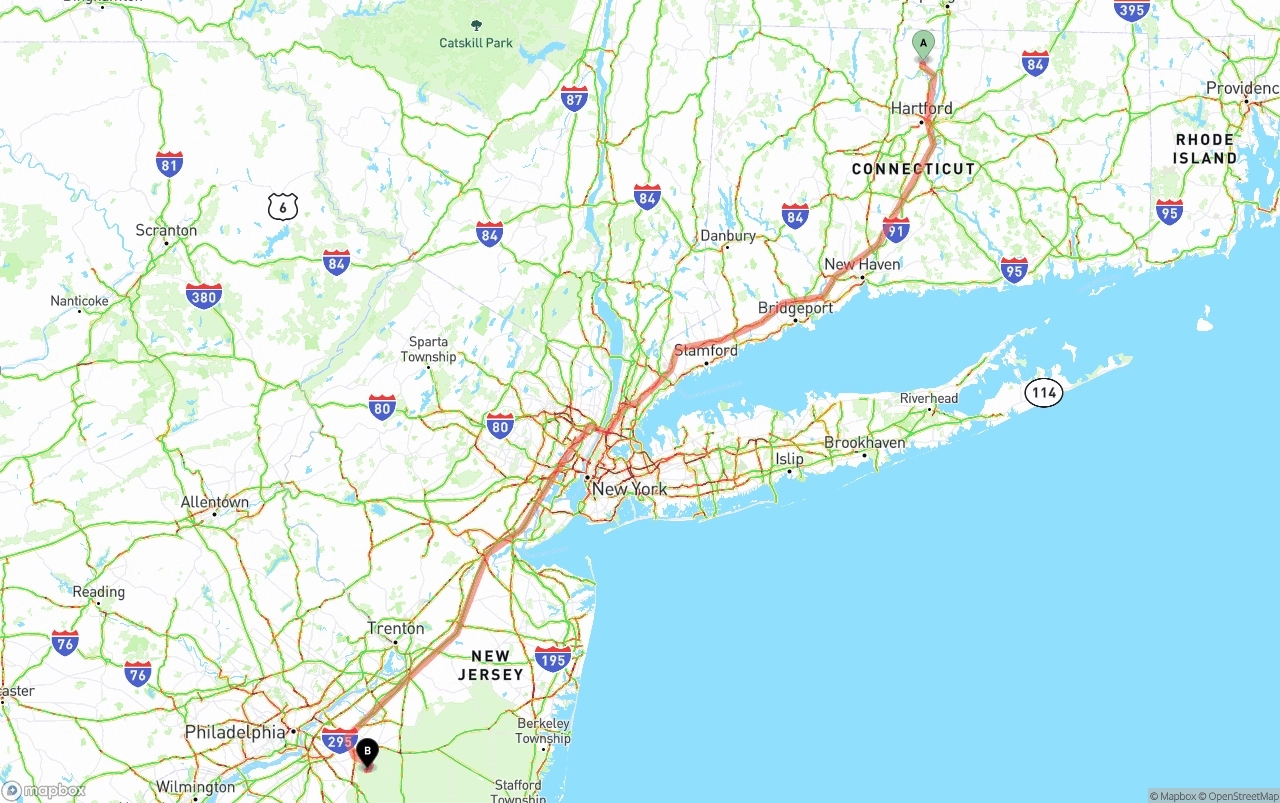 Shipping route from Bradley International Airport to New Jersey