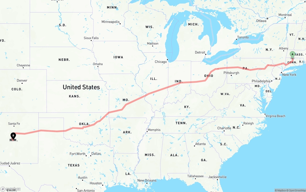 Shipping route from Bradley International Airport to New Mexico