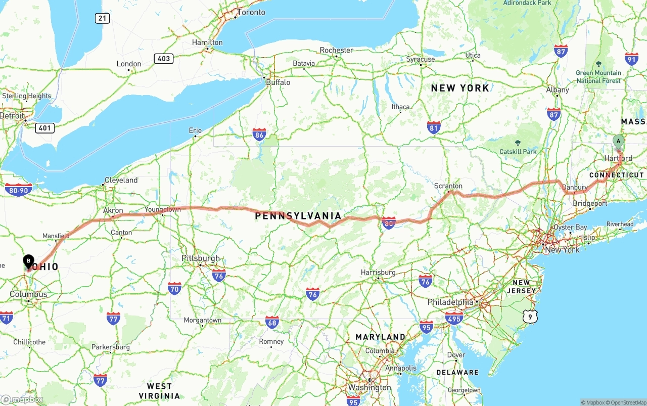 Shipping route from Bradley International Airport to Ohio