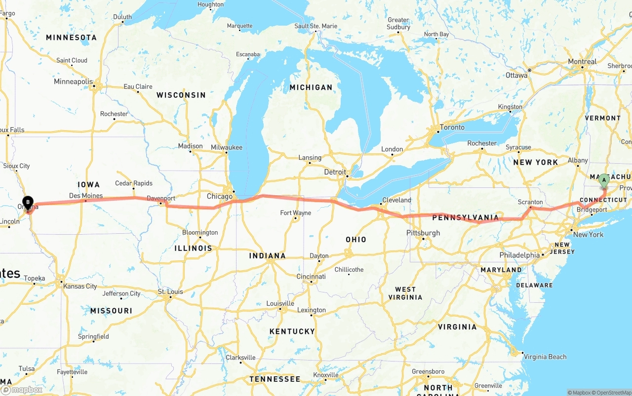 Shipping route from Bradley International Airport to Omaha