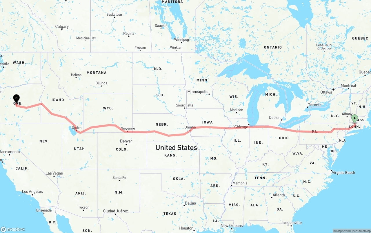 Shipping route from Bradley International Airport to Oregon