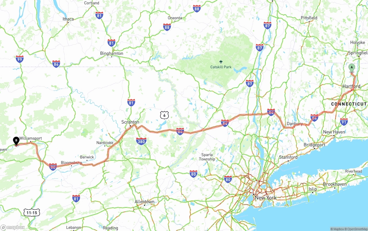 Shipping route from Bradley International Airport to Pennsylvania