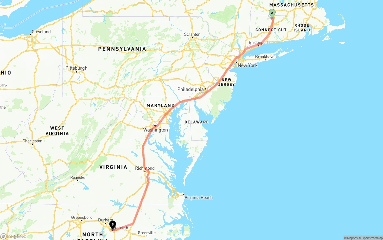 Shipping route from Bradley International Airport to Raleigh