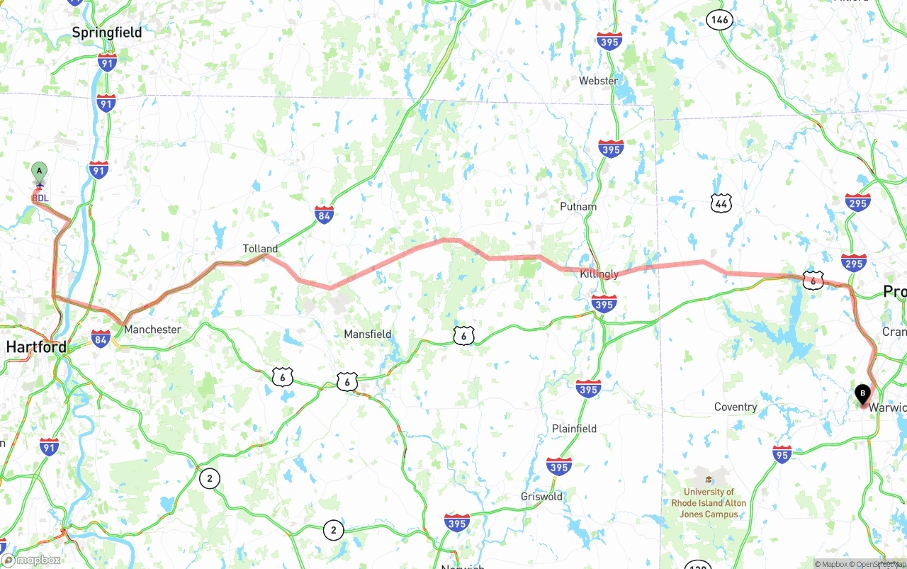 Shipping route from Bradley International Airport to Rhode Island