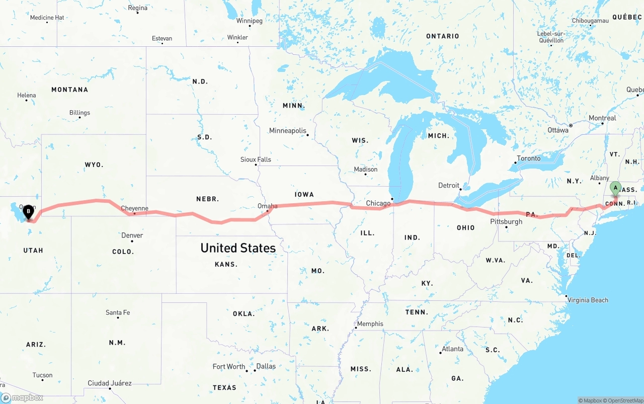 Shipping route from Bradley International Airport to Salt Lake City
