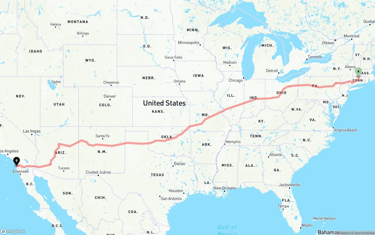 Shipping route from Bradley International Airport to San Diego