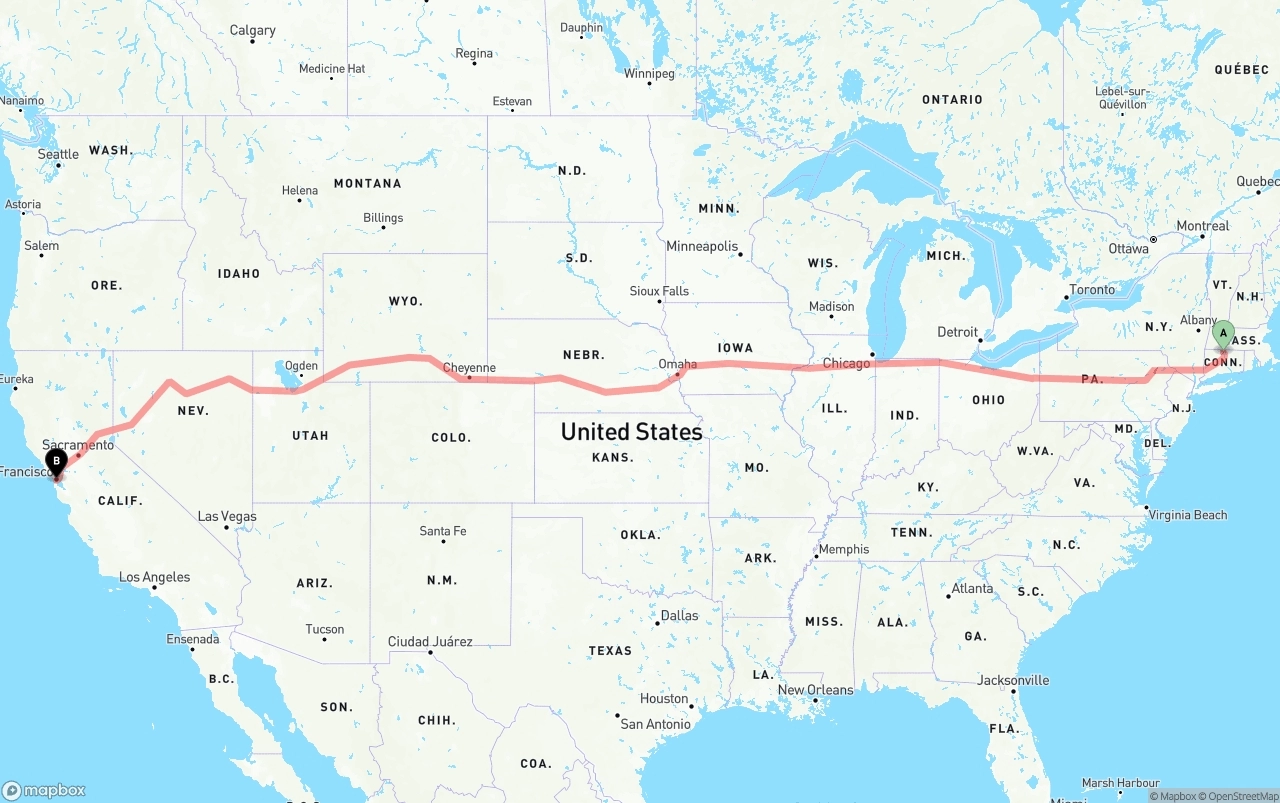 Shipping route from Bradley International Airport to San Francisco
