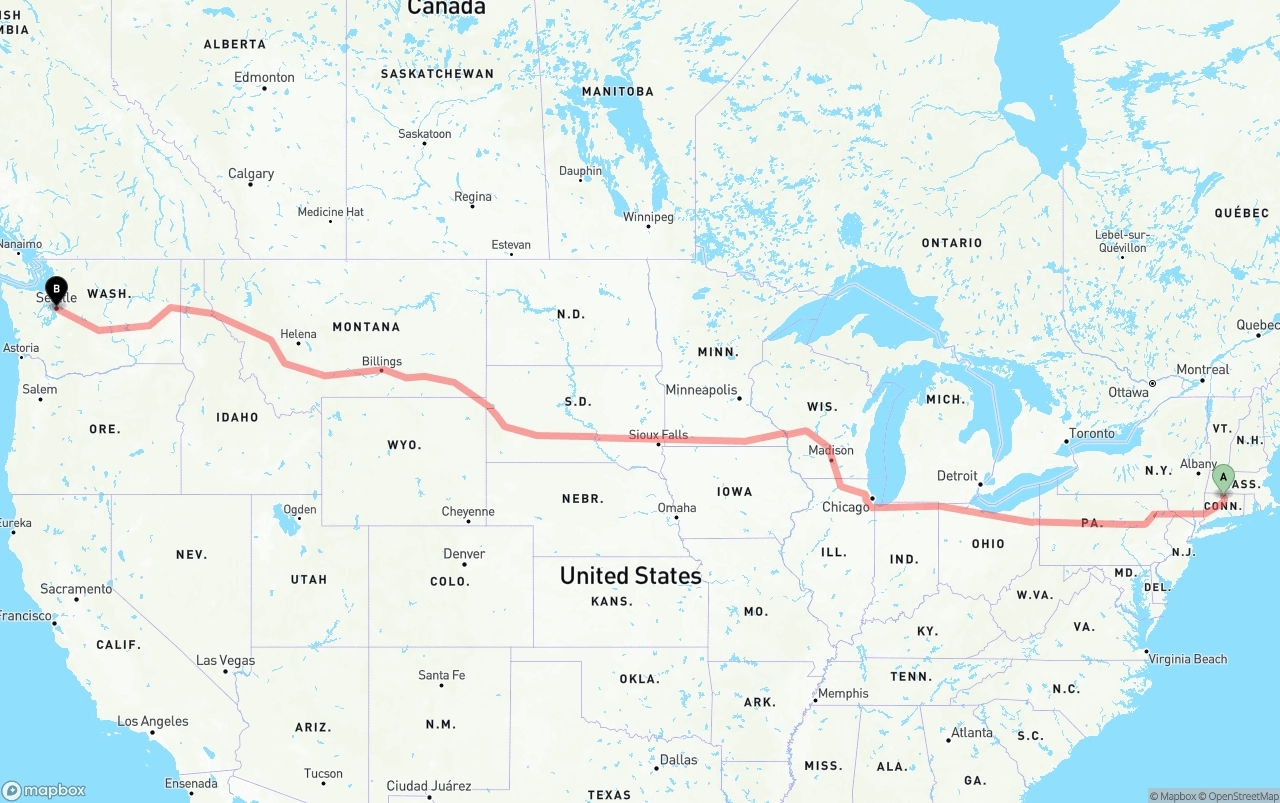 Shipping route from Bradley International Airport to Seattle
