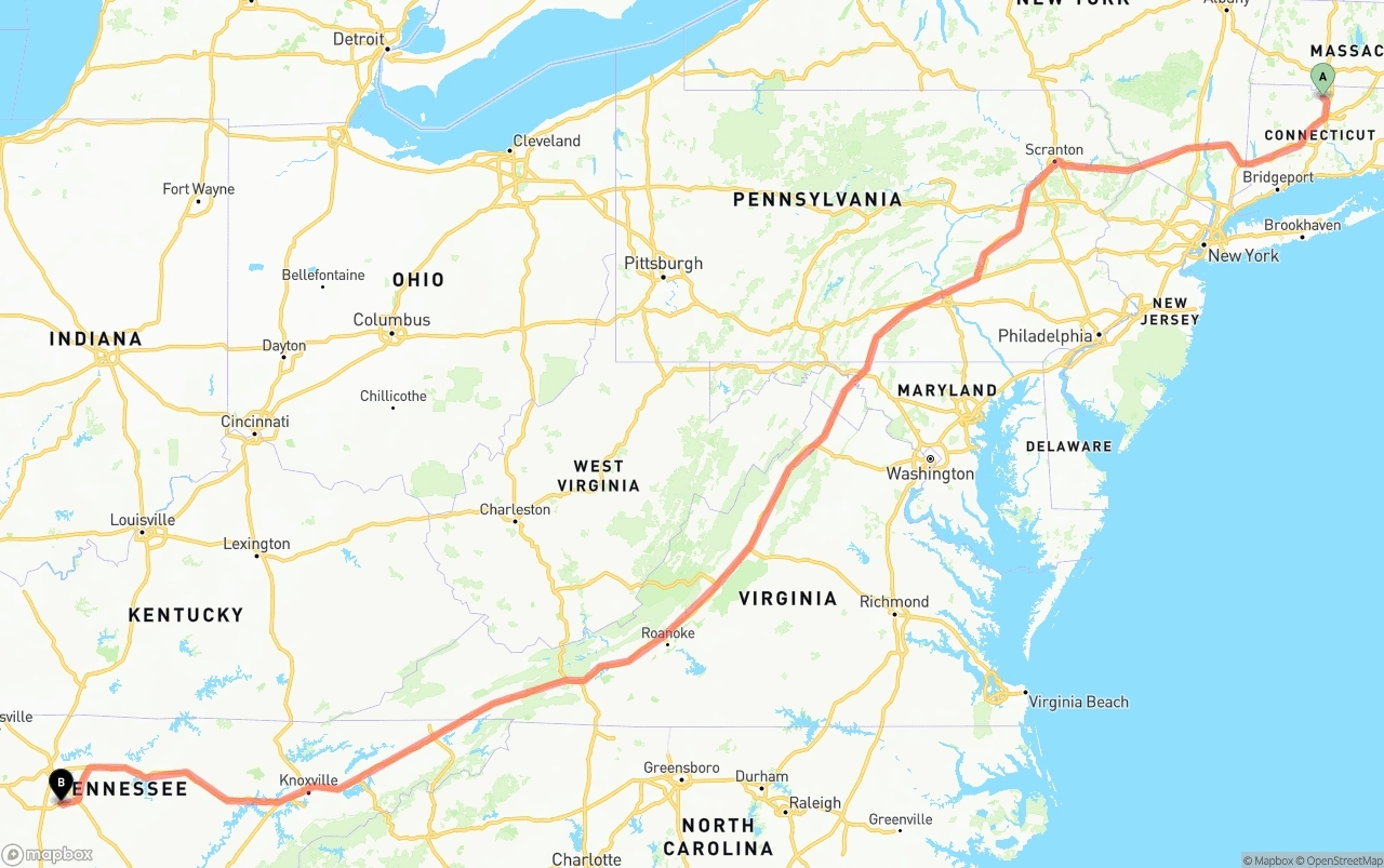 Shipping route from Bradley International Airport to Tennessee