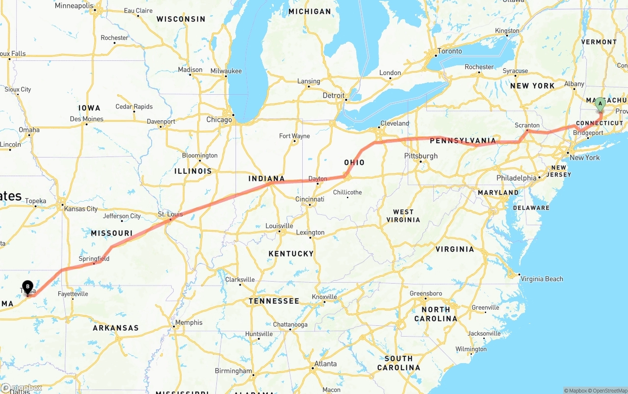 Shipping route from Bradley International Airport to Tulsa