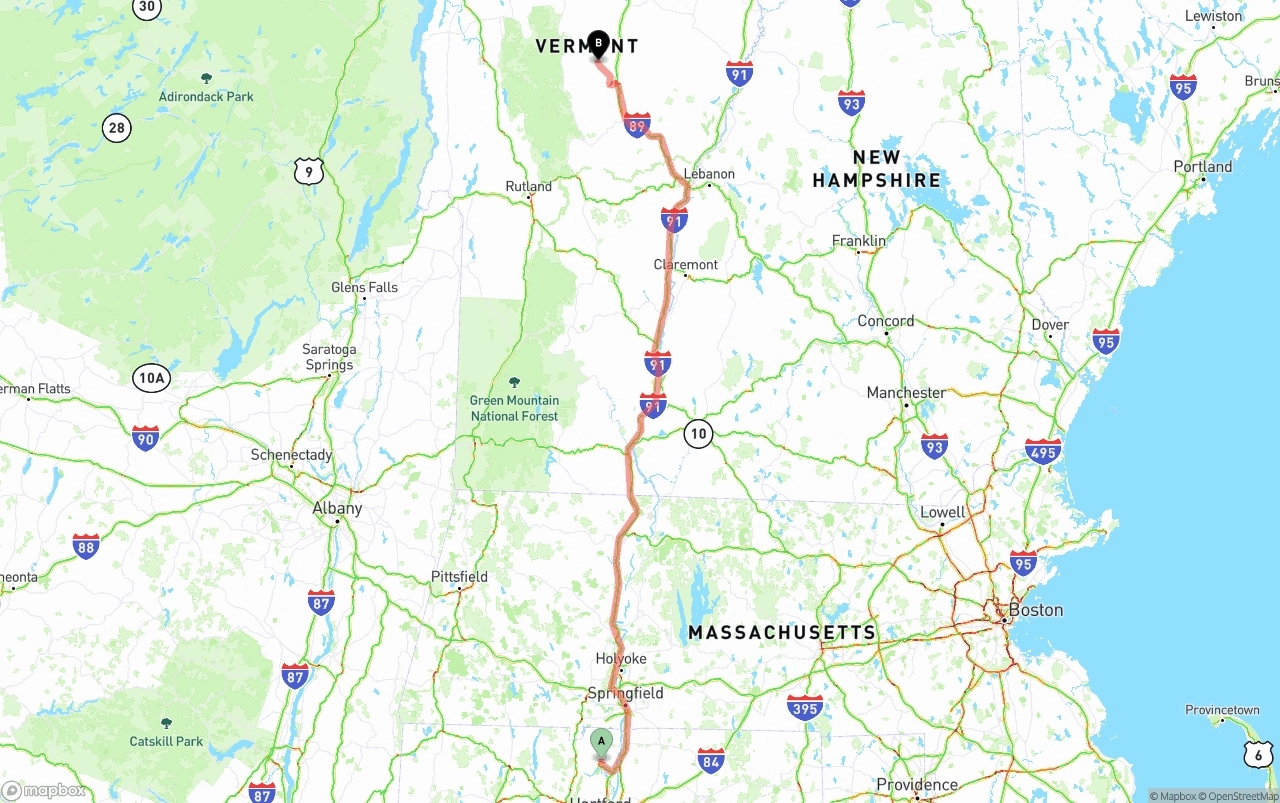 Shipping route from Bradley International Airport to Vermont
