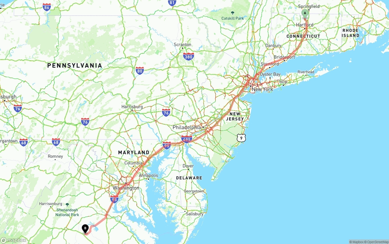 Shipping route from Bradley International Airport to Virginia