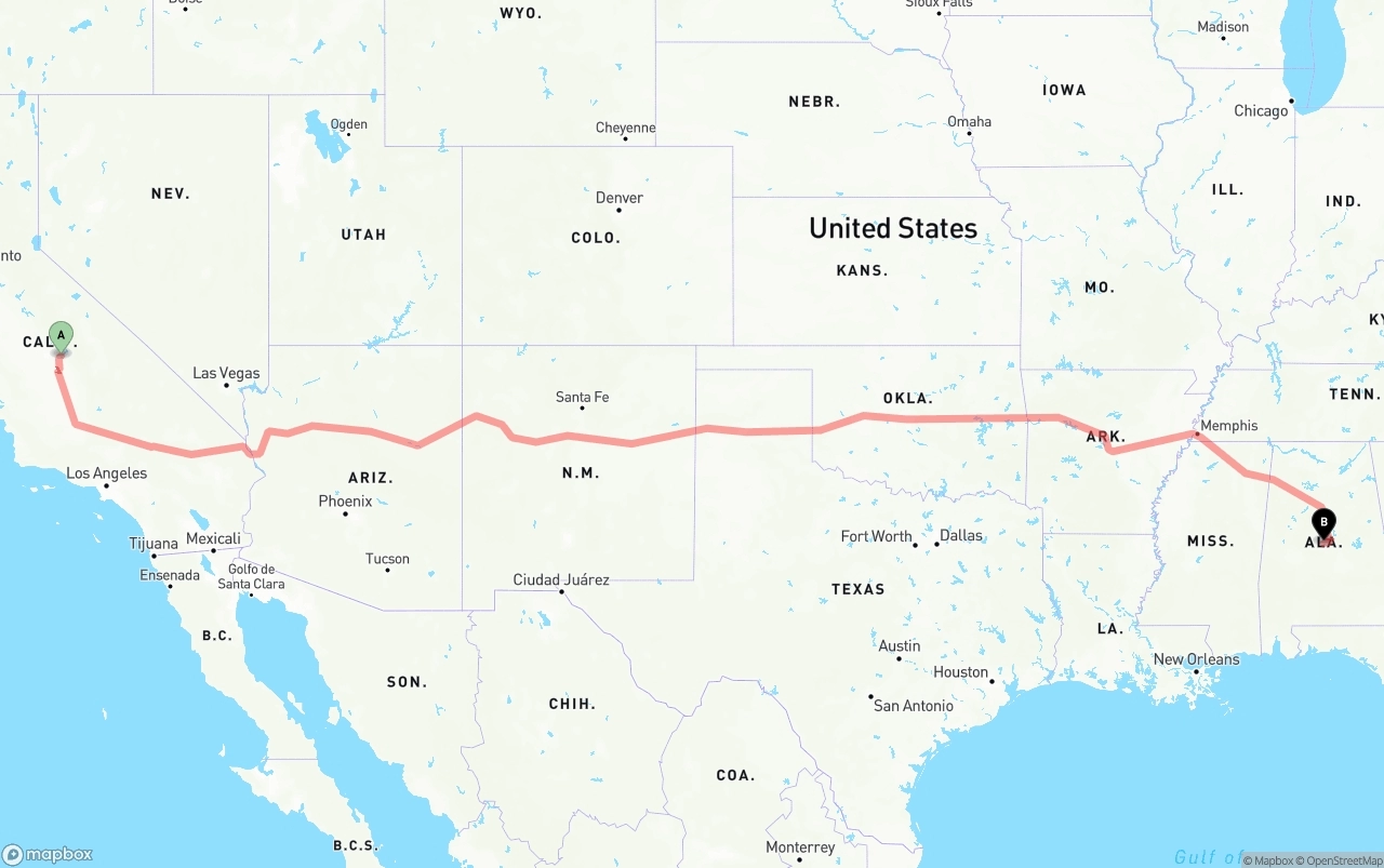 Shipping route from California to Alabama