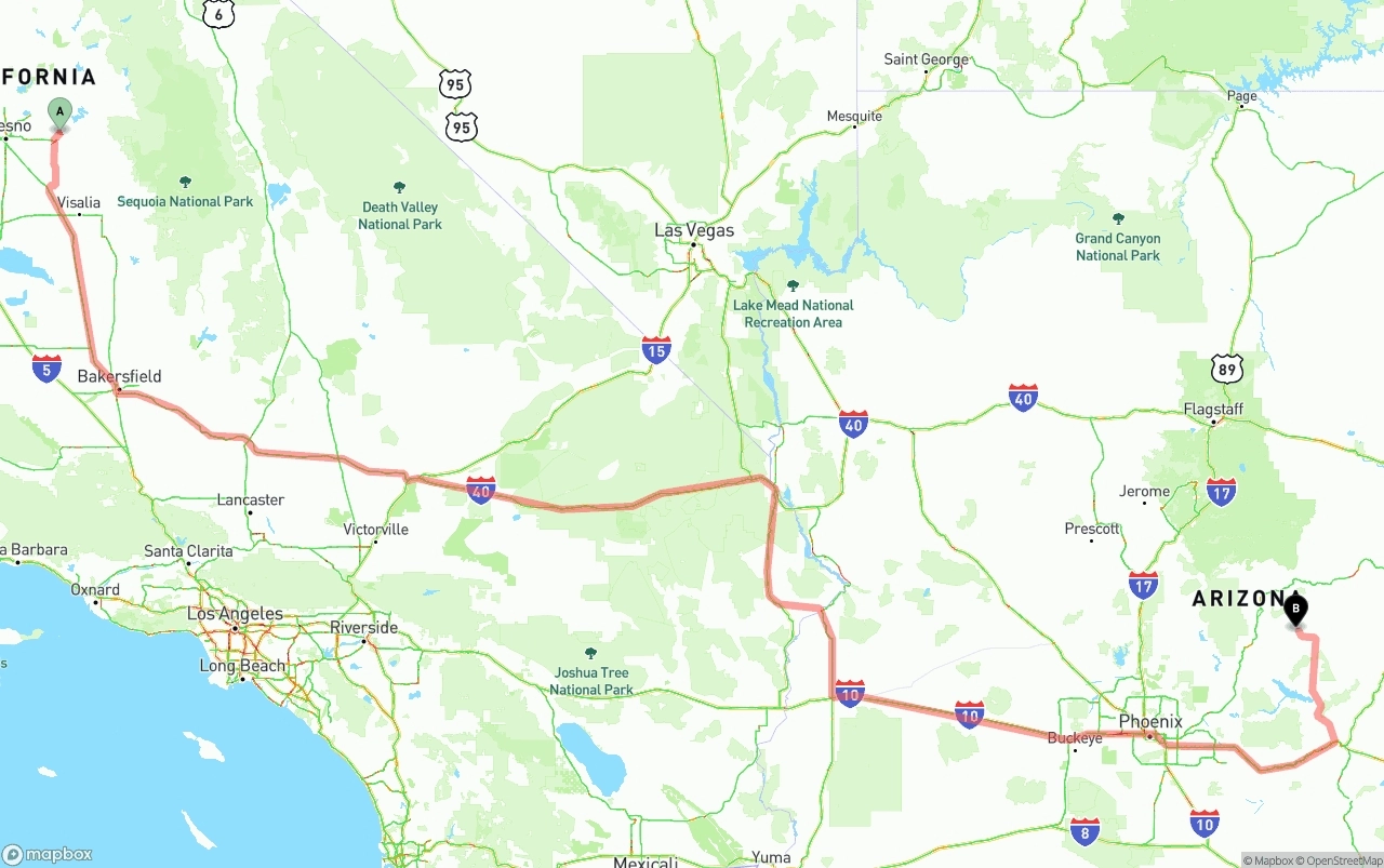 Shipping route from California to Arizona