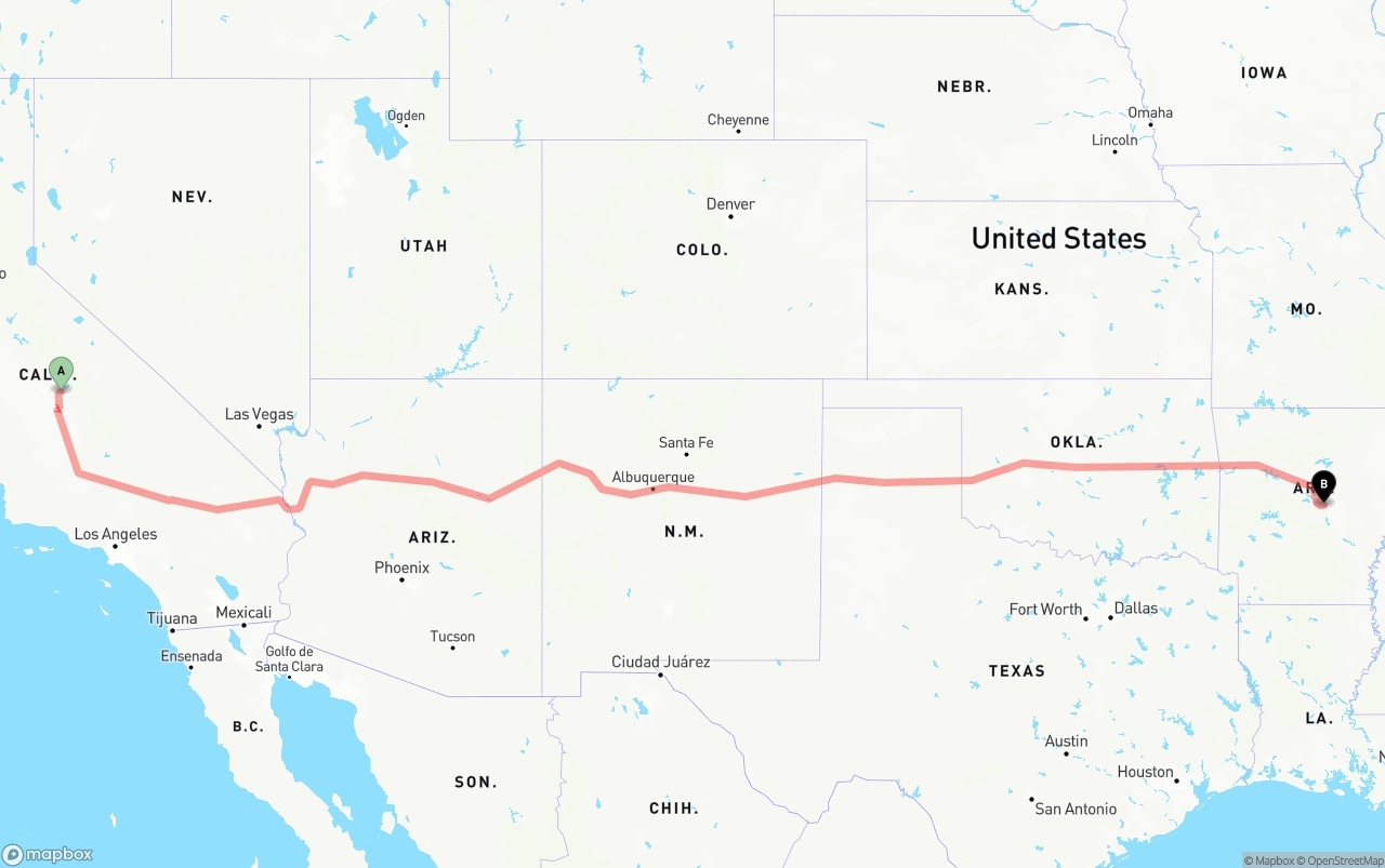 Shipping route from California to Arkansas