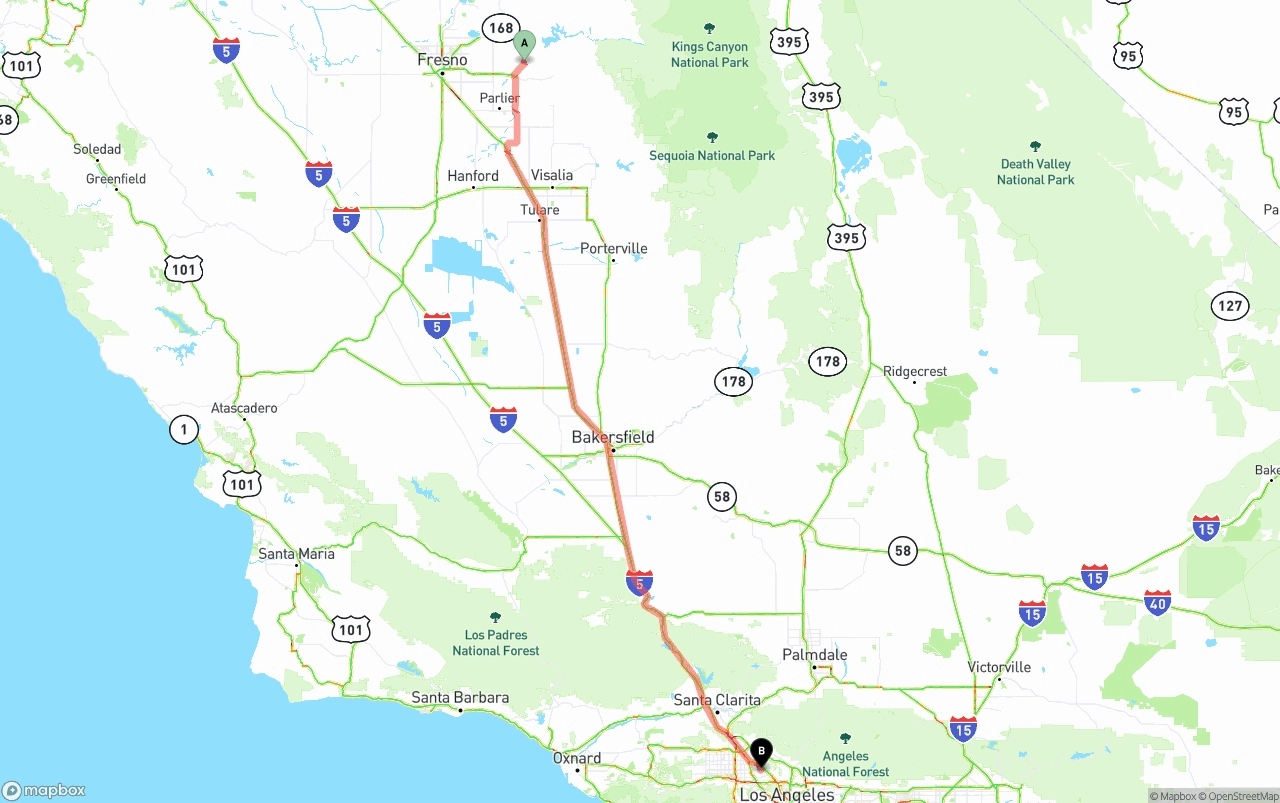 Shipping route from California to Bob Hope Airport
