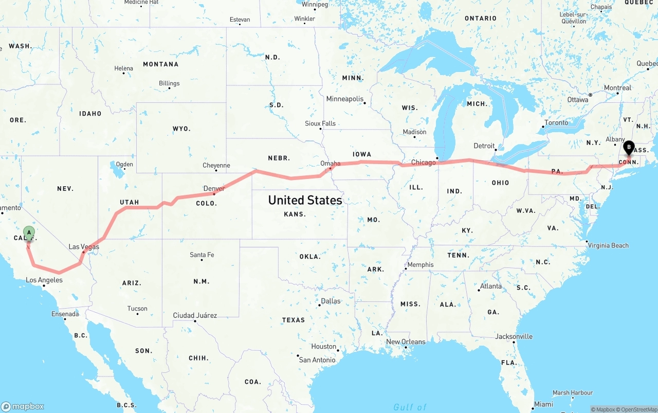 Shipping route from California to Bradley International Airport