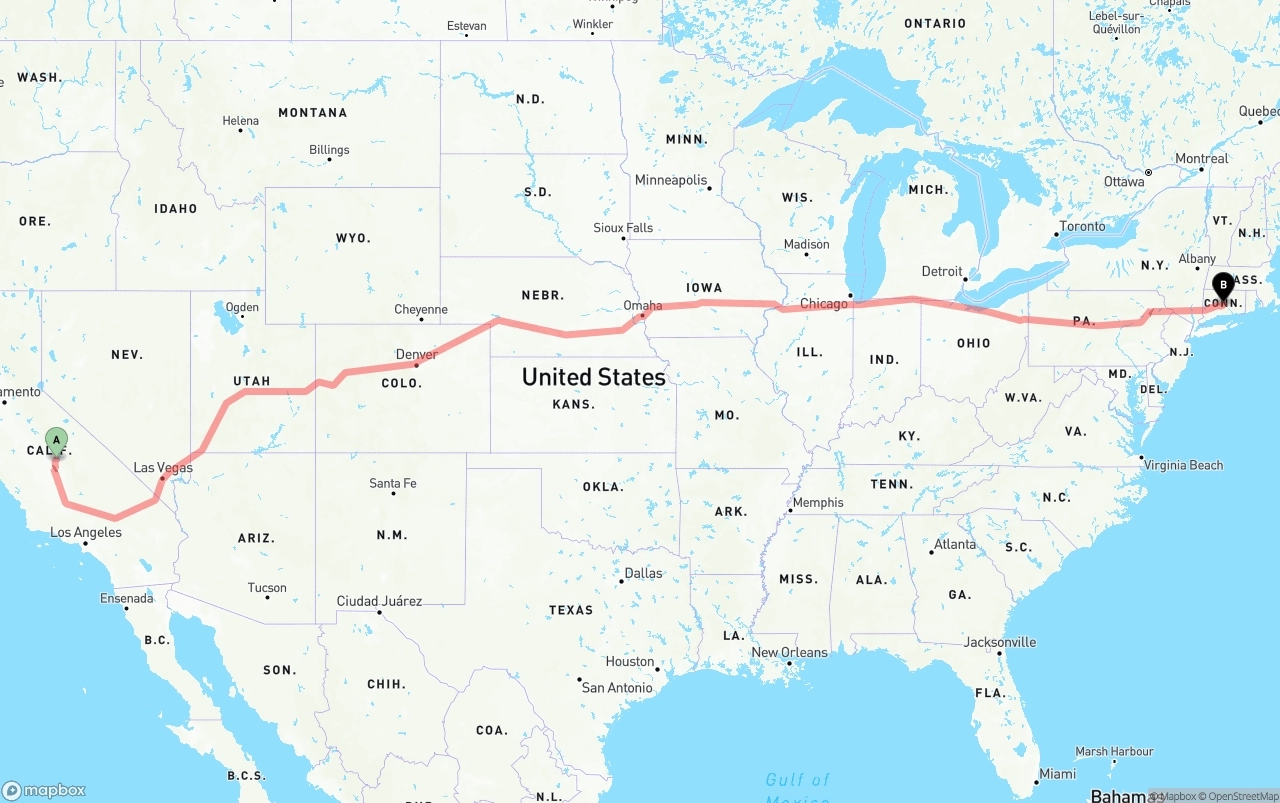 Shipping route from California to Connecticut