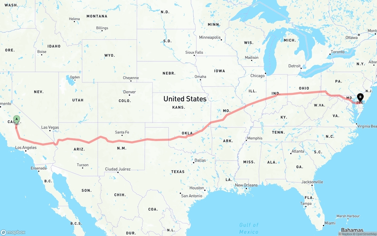 Shipping route from California to Delaware