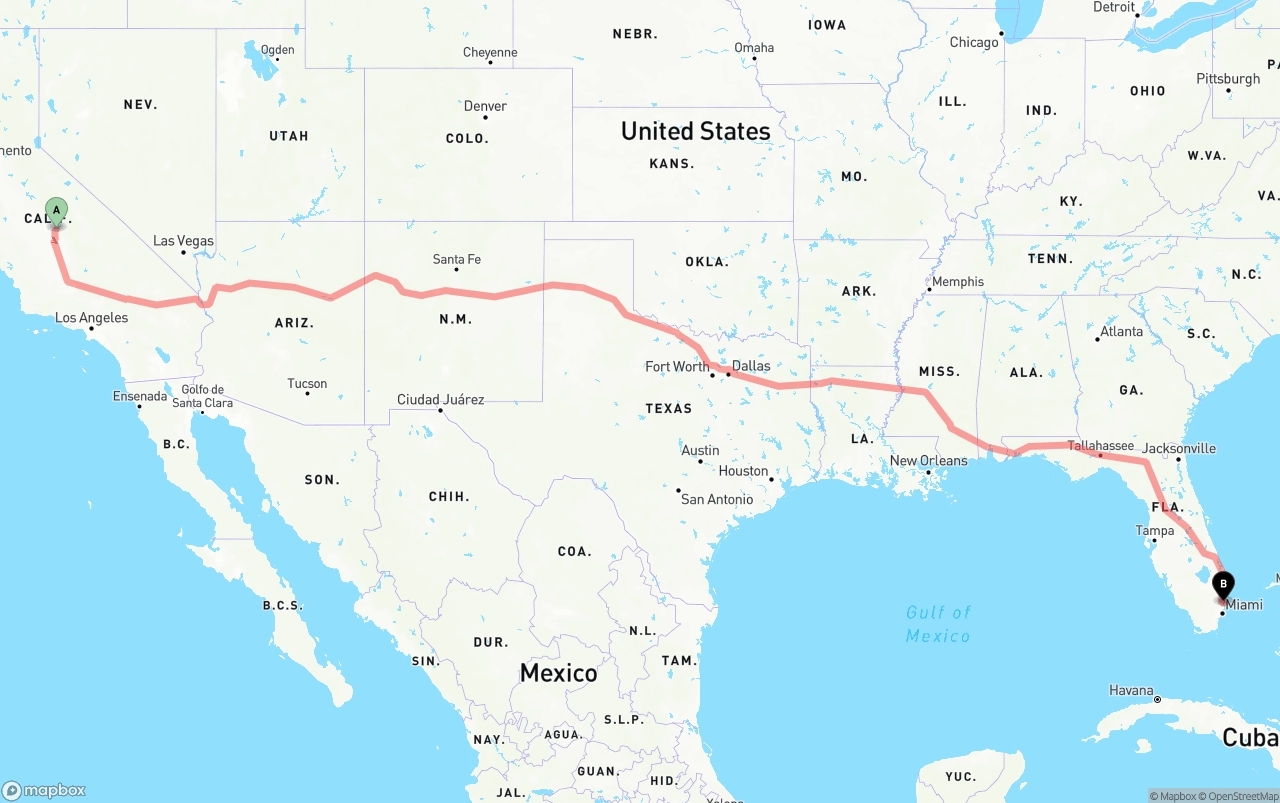 Shipping route from California to Fort Lauderdale-Hollywood International Airport