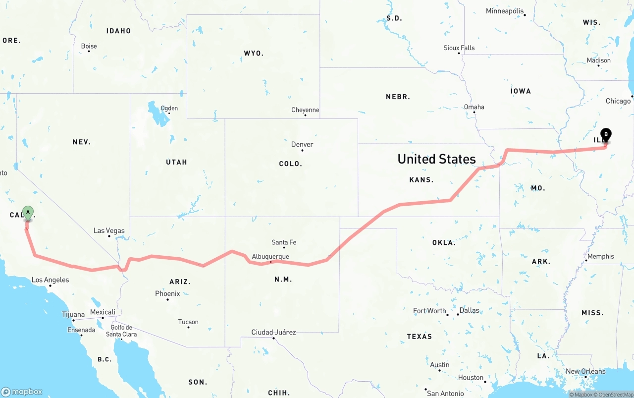 Shipping route from California to Illinois