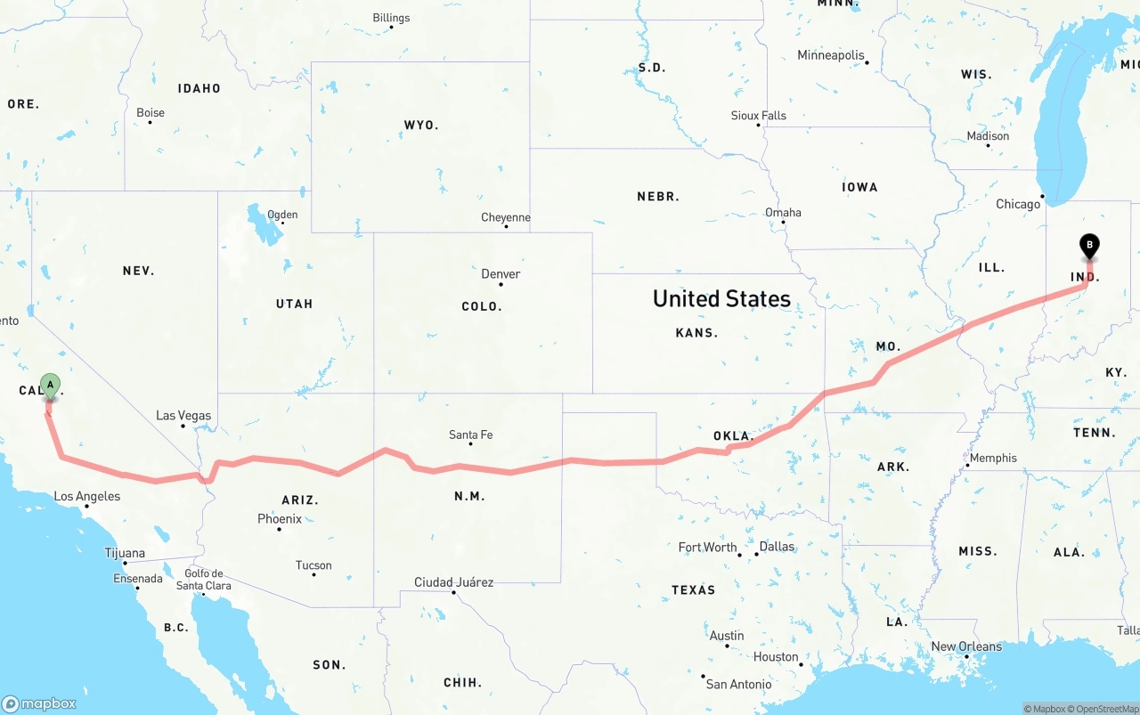 Shipping route from California to Indiana