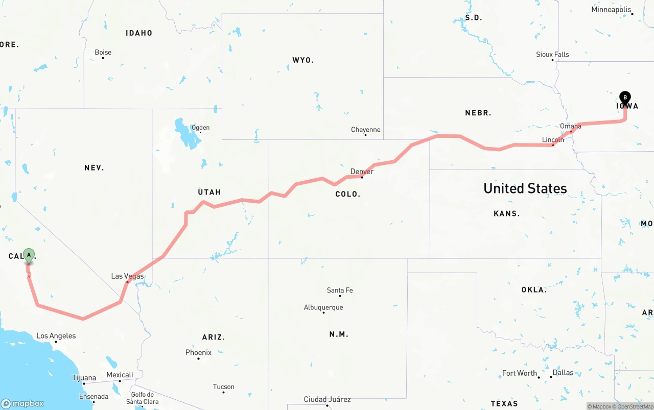 Shipping route from California to Iowa