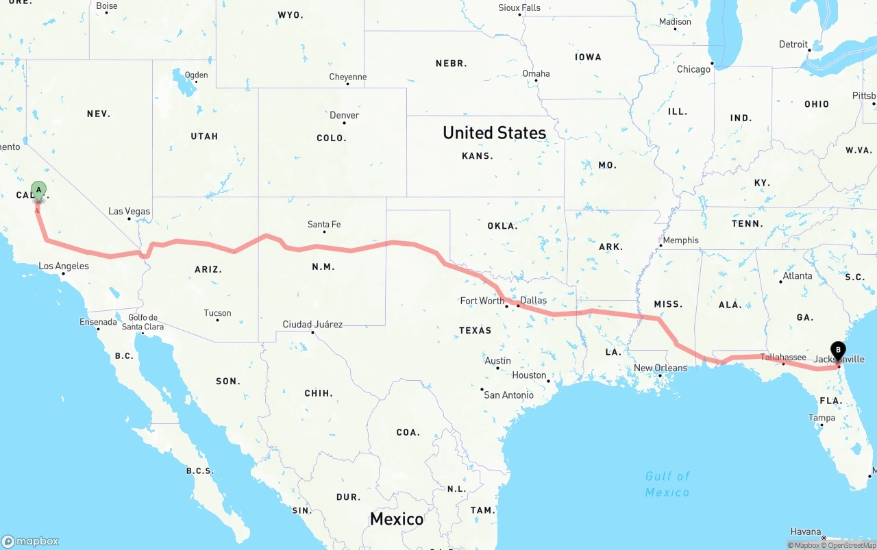 Shipping route from California to Jacksonville International Airport