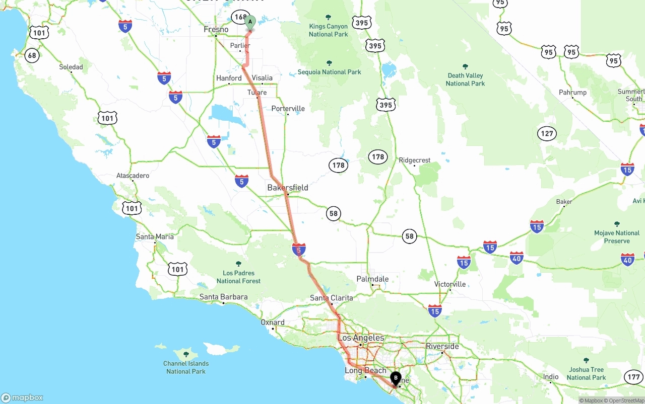 Shipping route from California to John Wayne Airport — Orange County