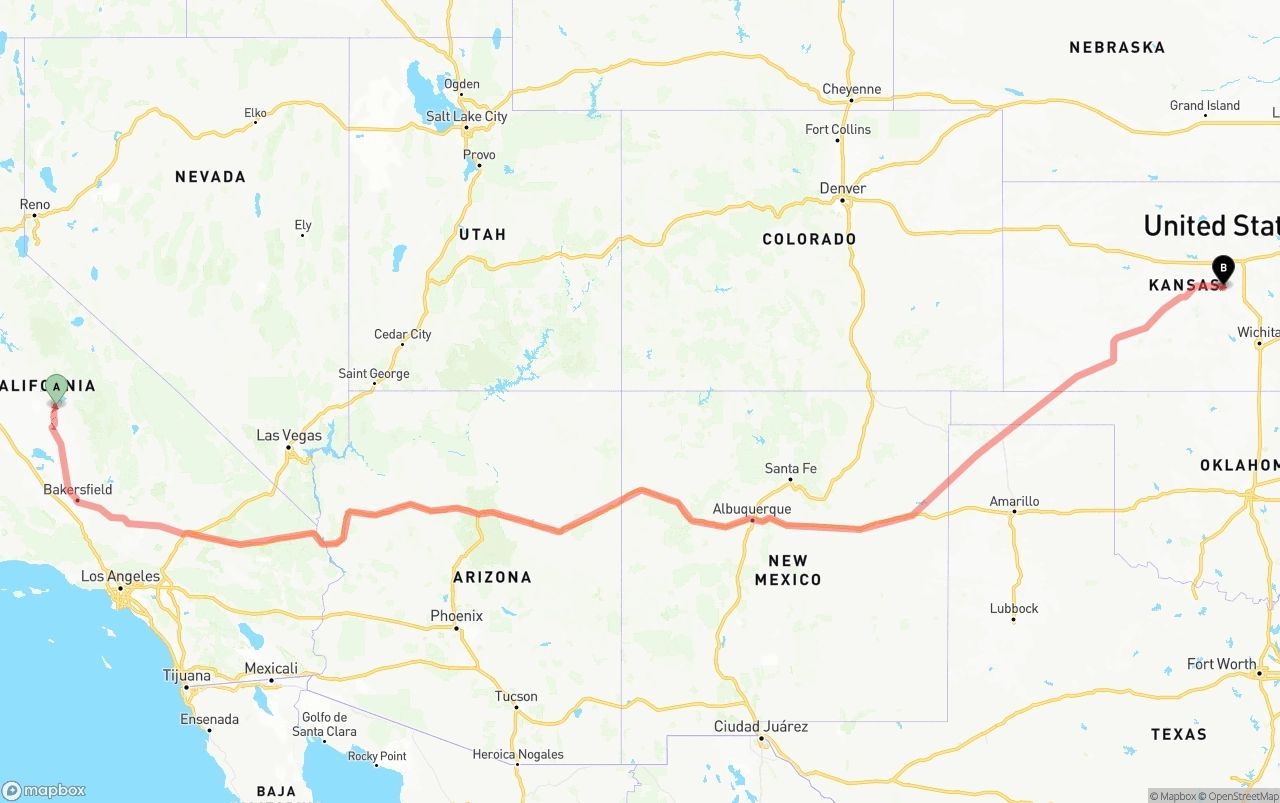 Shipping route from California to Kansas