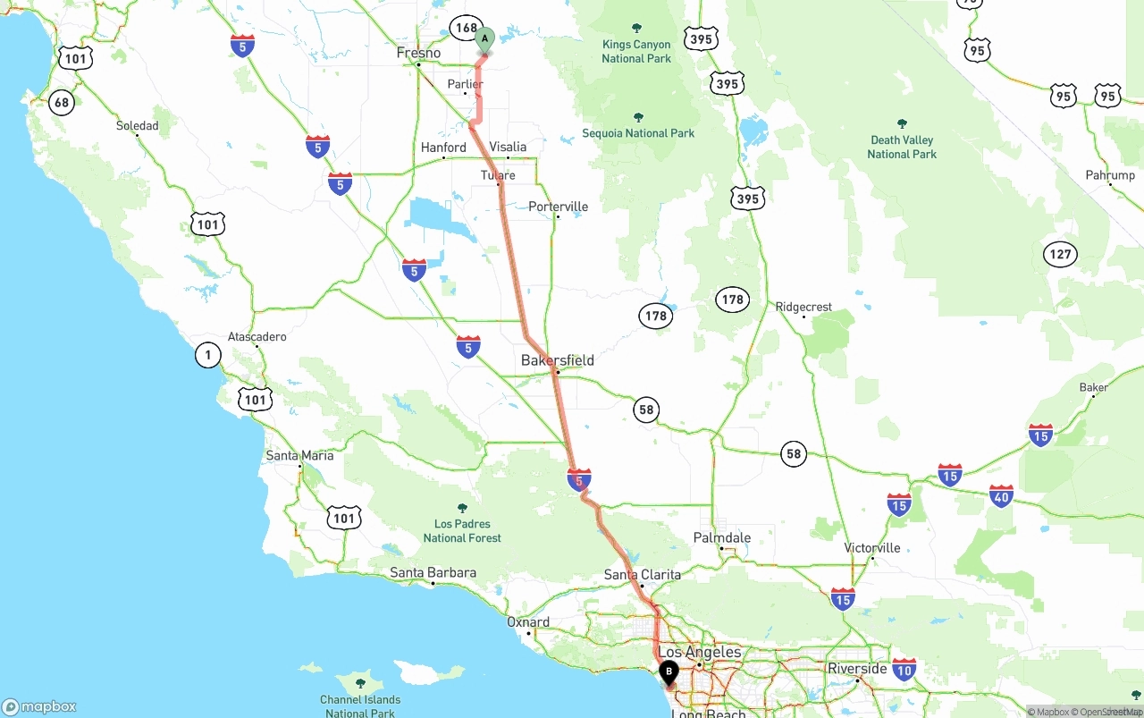 Shipping route from California to Los Angeles International Airport