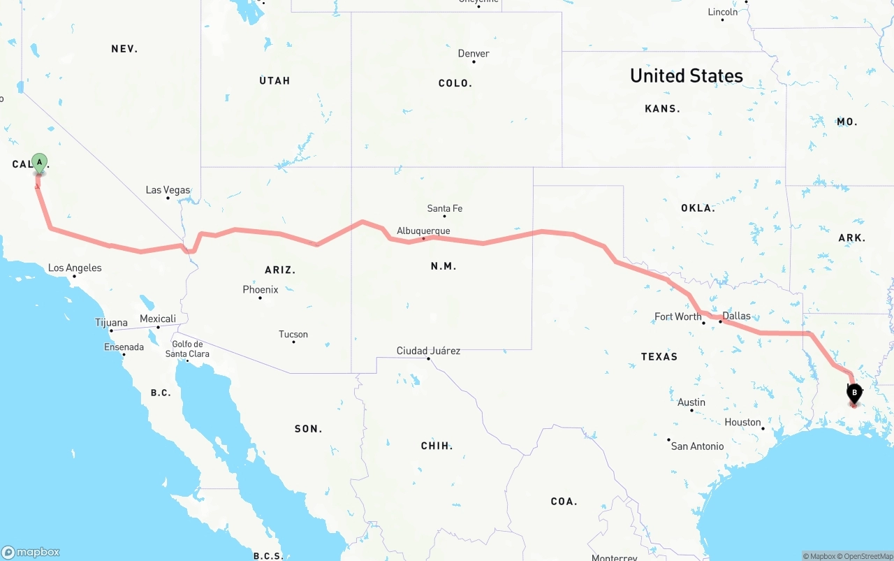 Shipping route from California to Louisiana