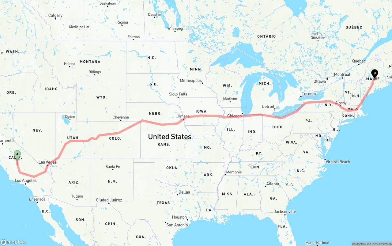 Shipping route from California to Maine