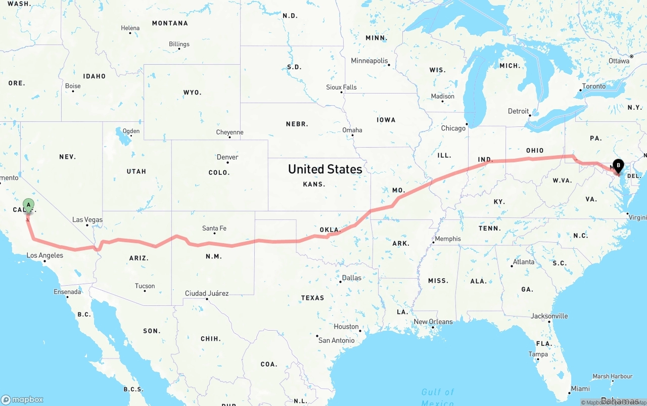 Shipping route from California to Maryland