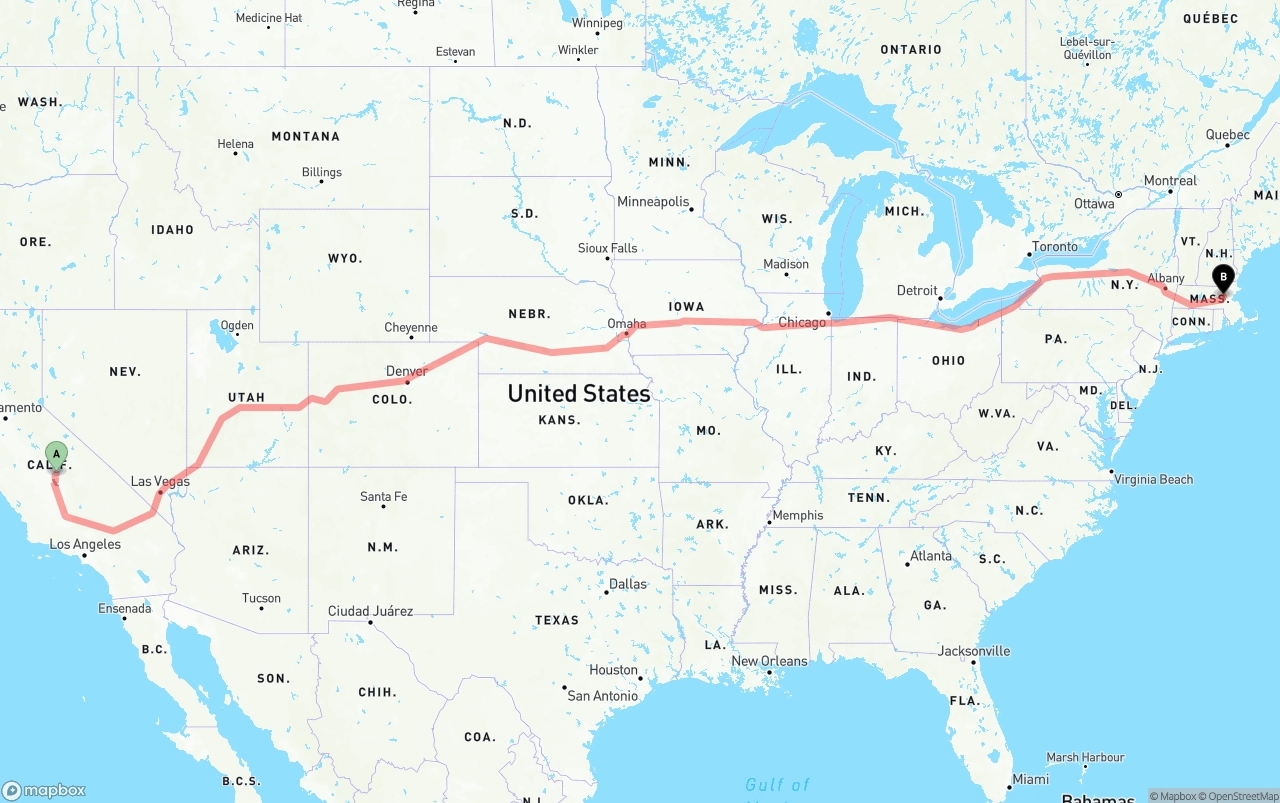 Shipping route from California to Massachusetts
