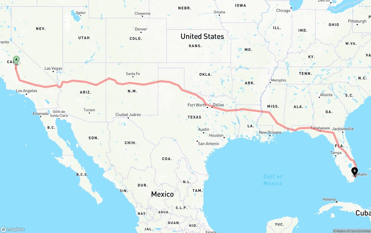 Shipping route from California to Miami International Airport