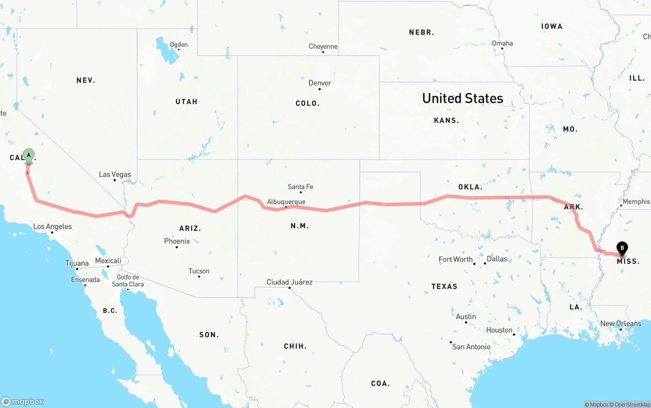 Shipping route from California to Mississippi