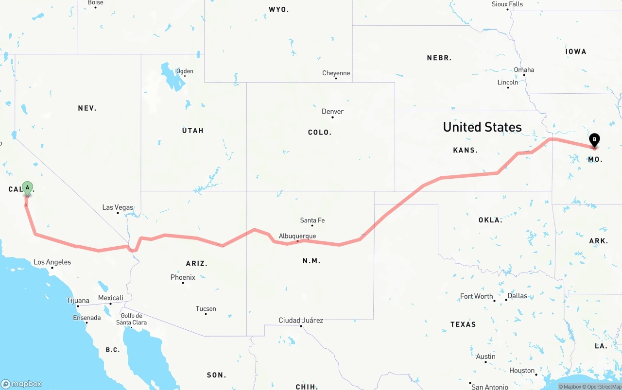 Shipping route from California to Missouri