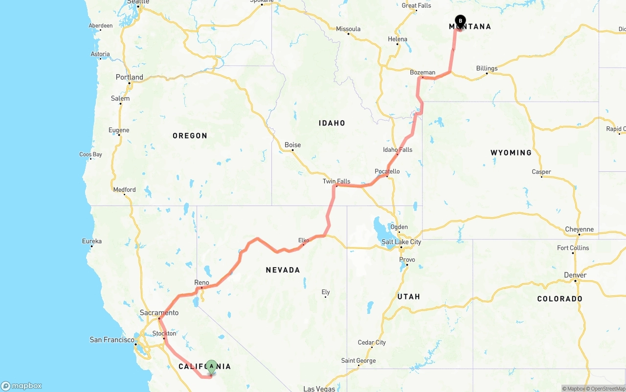 Shipping route from California to Montana