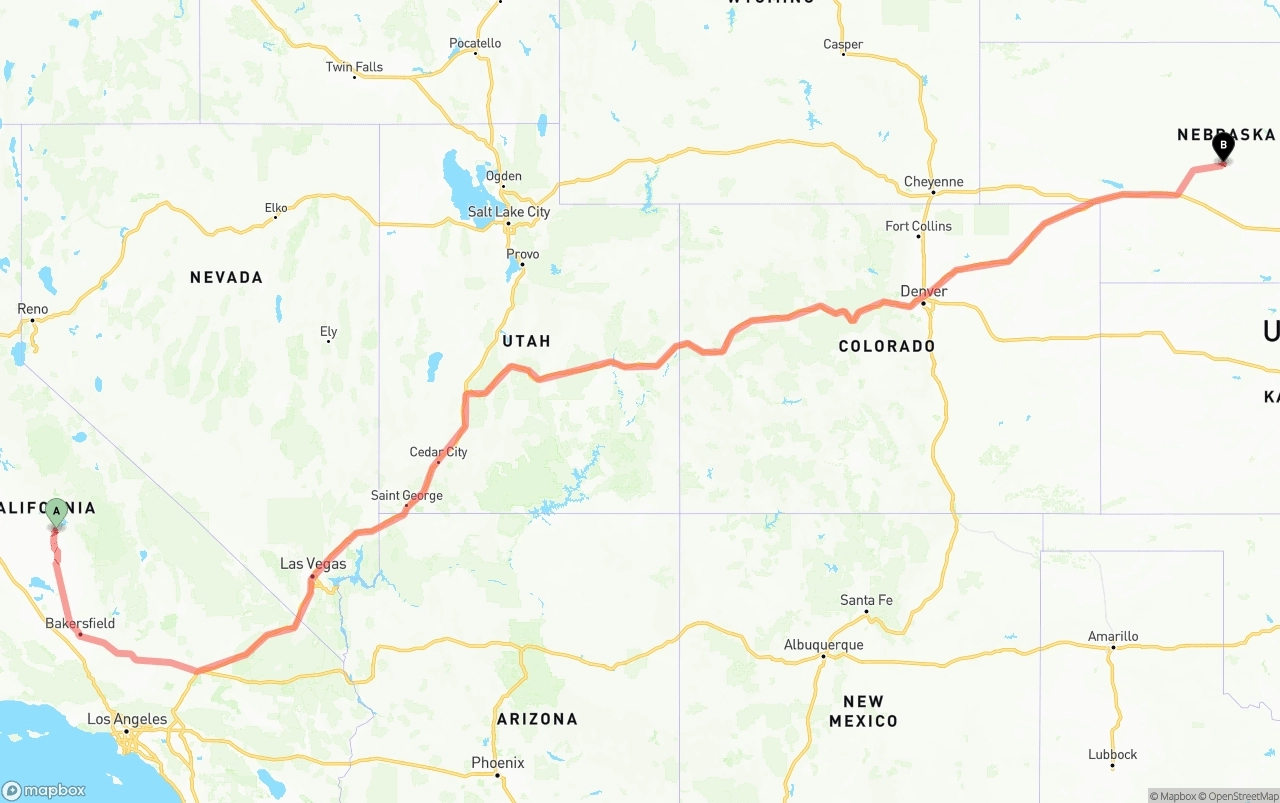 Shipping route from California to Nebraska
