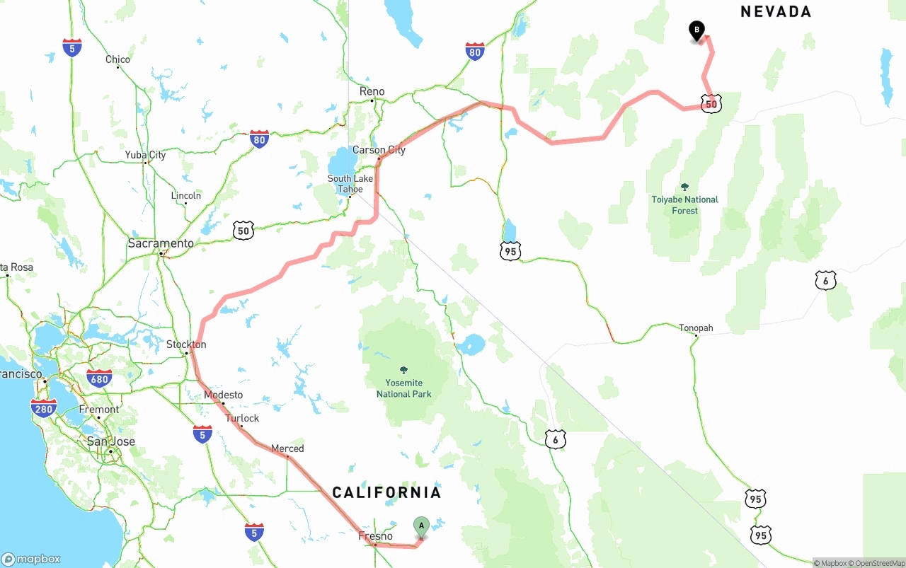 Shipping route from California to Nevada