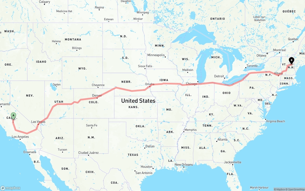 Shipping route from California to New Hampshire