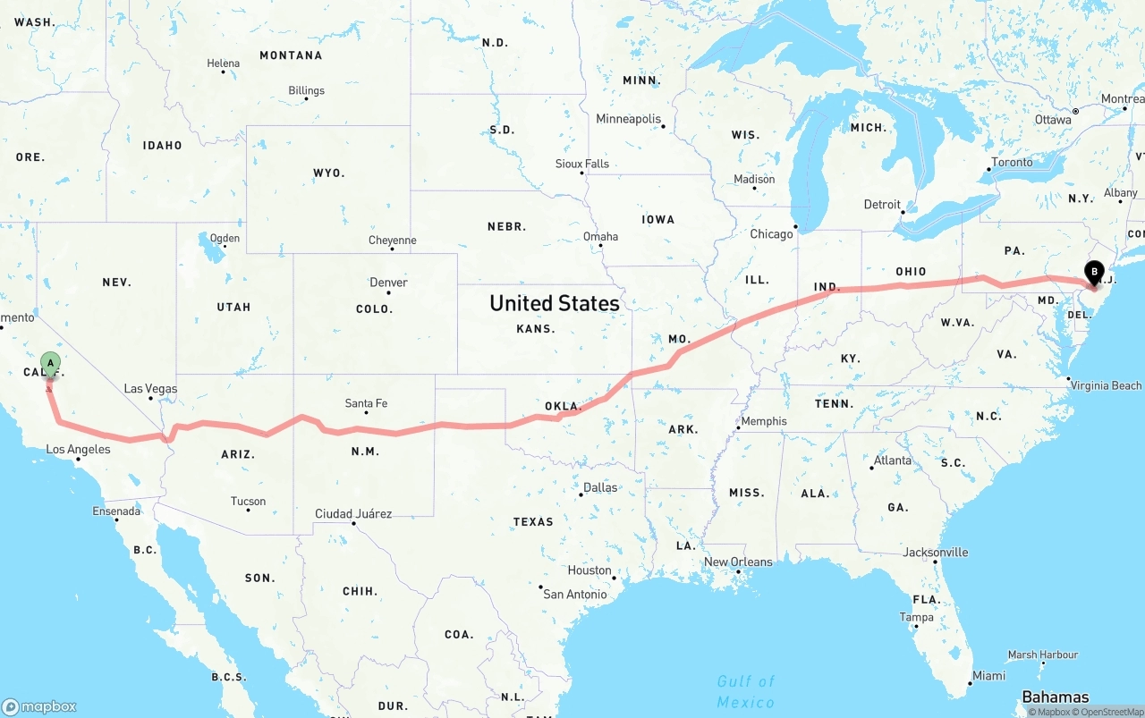 Shipping route from California to New Jersey