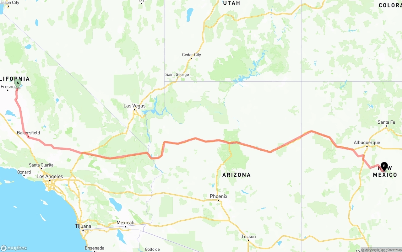 Shipping route from California to New Mexico
