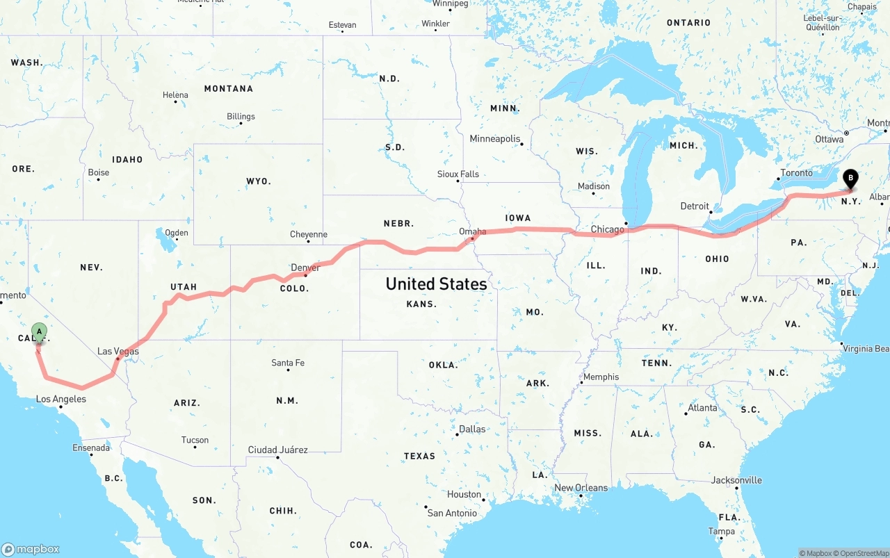 Shipping route from California to New York